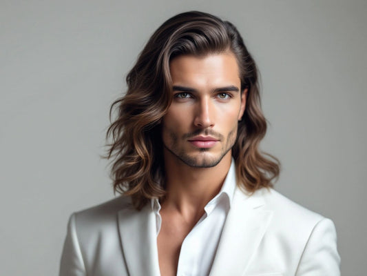 Elegant man with long wedding hairstyle, minimalist style.