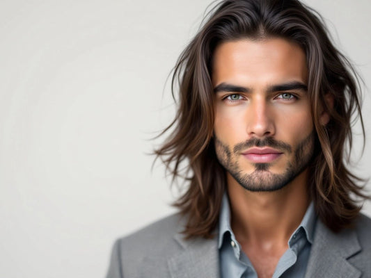 Sophisticated man with trendy long hairstyles in soft lighting.