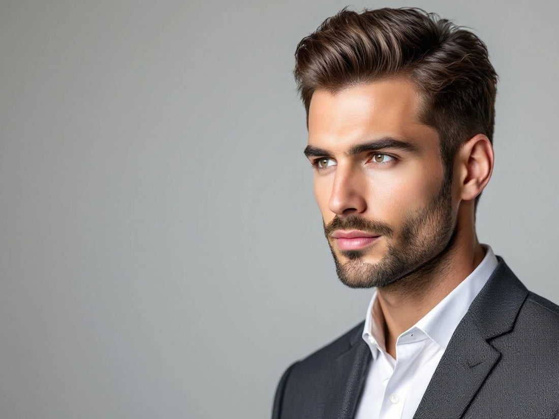 Stylish man with healthy hair in soft lighting.