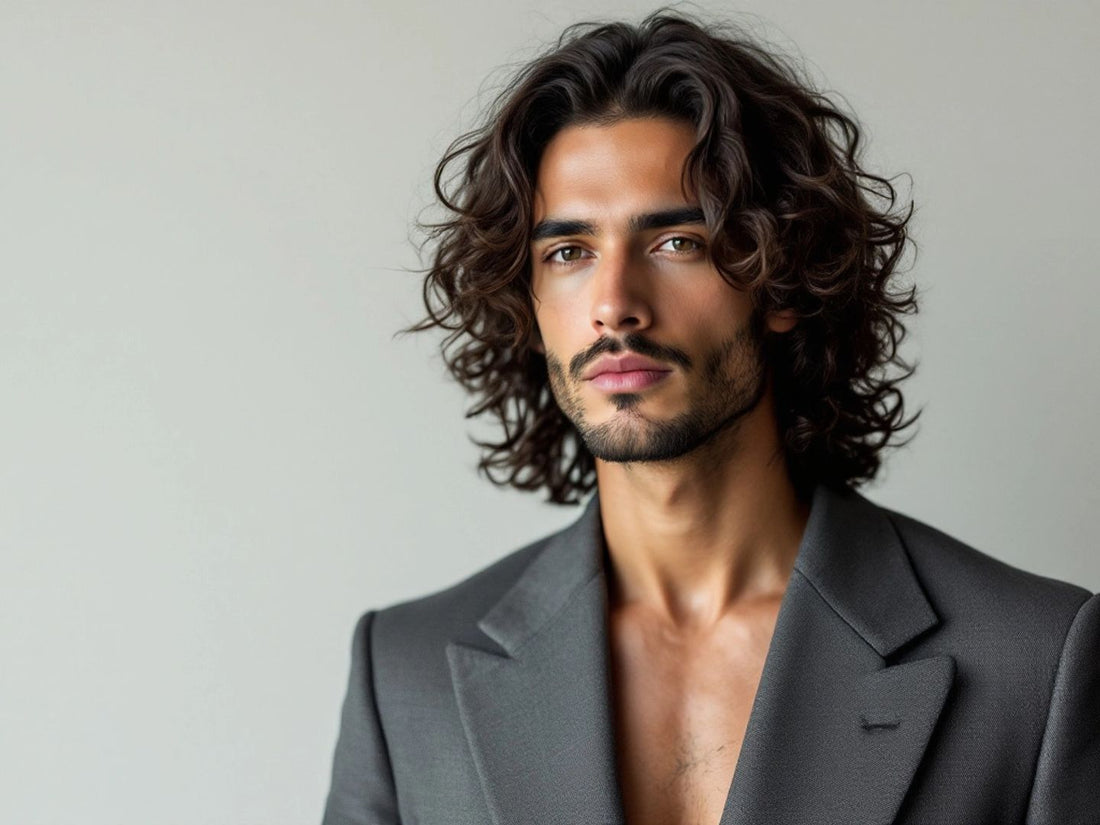 Stylish man with long curly hair in neutral setting.