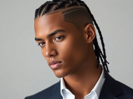 Stylish man with minimalist braids and clean attire.