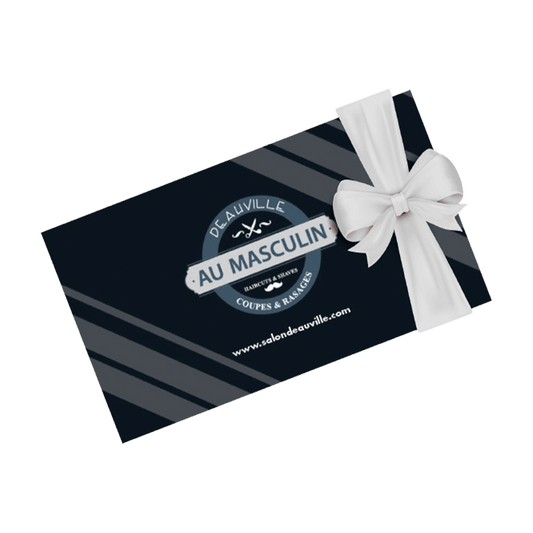 Gift card with white bow from Delaville Au Masculin, offering grooming services for men.