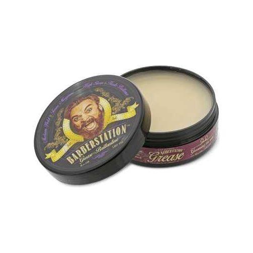 Barberstation Grease styling product with open lid showing grease texture, perfect for strong and flexible hold hairstyles.