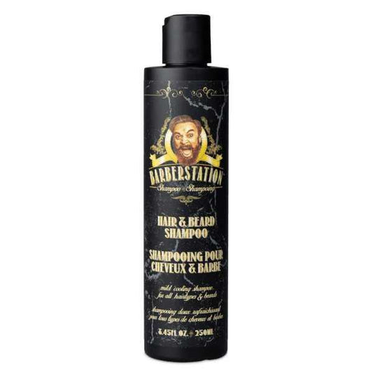 Barberstation Hair & Beard Shampoo bottle, designed for cleansing and nourishing men's hair and beard.