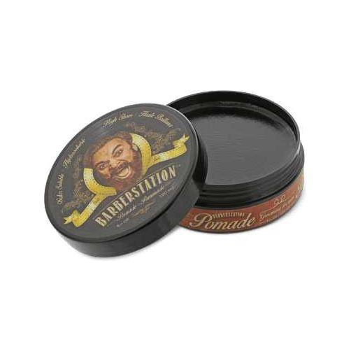 Barberstation Pomade jar with open lid showing strong hold, versatile styling product for men, adding shine and a natural finish