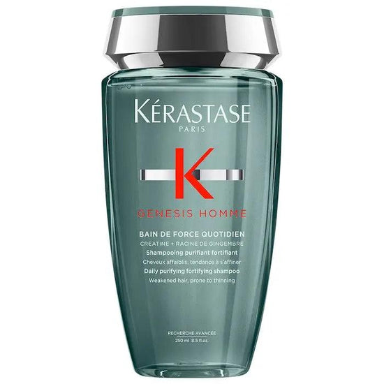 Kérastase Genesis Homme Bain de Force Quotidien Shampoo bottle for men, daily purifying and fortifying shampoo for thinning hair.