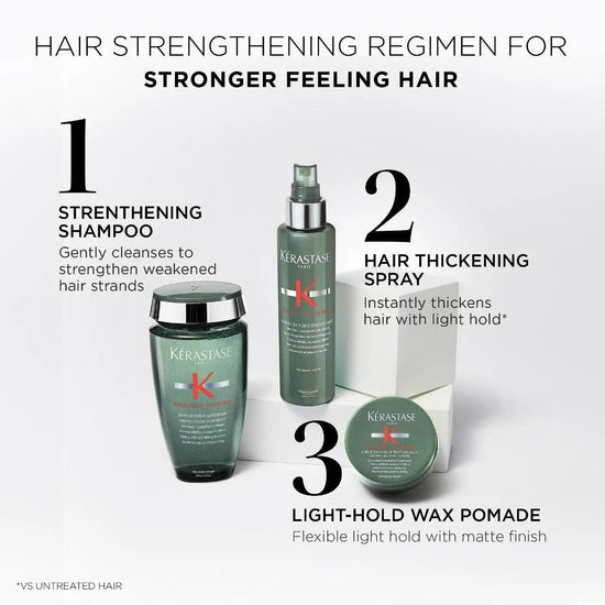 Kérastase hair strengthening regimen for men with shampoo, thickening spray, and light-hold wax pomade for stronger, fuller hair.