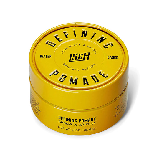 Defining Pomade 85g by Lock Stock & Barrel hair styling product in yellow container for strong, flexible hold and natural shine