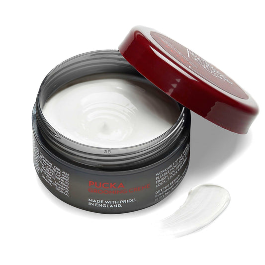 Pucka Grooming Creme 3.53 oz open jar showing white cream texture for flexible hold and natural sheen.