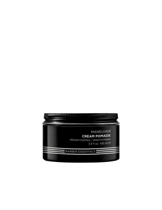 Redken Brews Maneuver Cream Pomade for men in a black jar, offering flexible hold and a natural finish, 100 ml size.