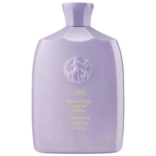 Oribe Serene Scalp Oil Control Shampoo in lavender bottle for balancing oil and cleansing scalp