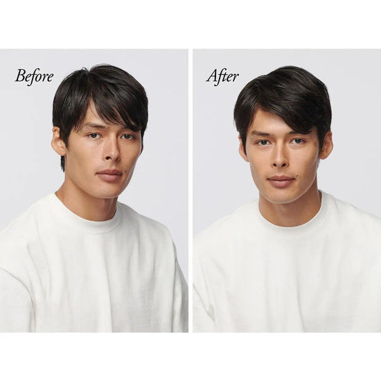 Before and after results of using Oribe Serene Scalp Oil Control Shampoo showing improved hair appearance.