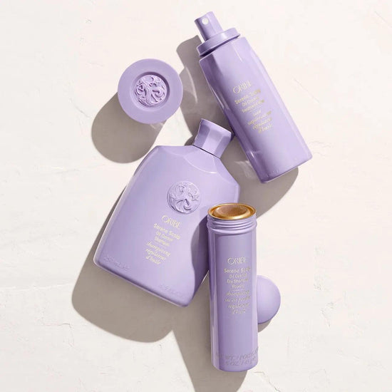 Oribe Serene Scalp Oil Control Shampoo and products in purple packaging for a healthy, balanced scalp and voluminous hair.